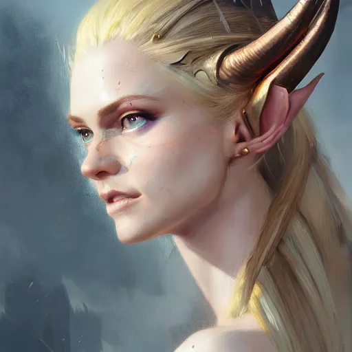 Prompt: A head-on detailed oil fantasy portrait of a pretty elf woman with horns on her forehead, long blonde hair and bright copper irises, by greg rutkowski, trending on artstation, dungeon and dragons art