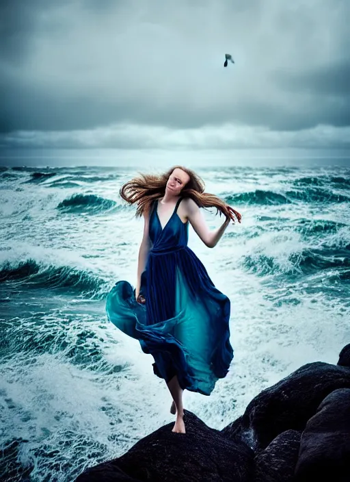 Image similar to cinestill 5 0 d portrait photo of a beautiful woman, britt marling 3 / 4, delicate, subsurface scattering, long hair floating in air in style of gilles zimmermann, 1 5 0 mm, windy mood, dress in voile, mute dramatic colours, soft blur outdoor stormy sea background, volumetric lighting, hyper detailed, hyper realistic