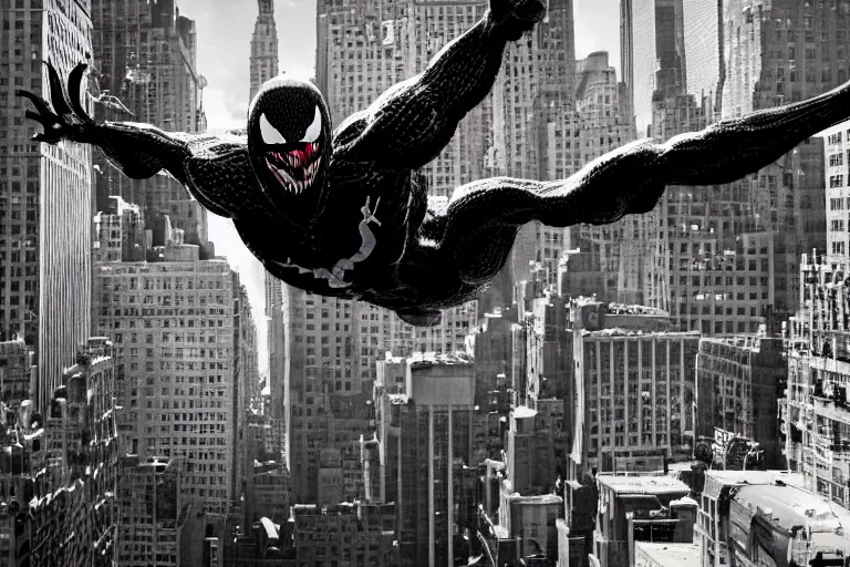 Prompt: Venom swinging through New York by Emmanuel Lubezki