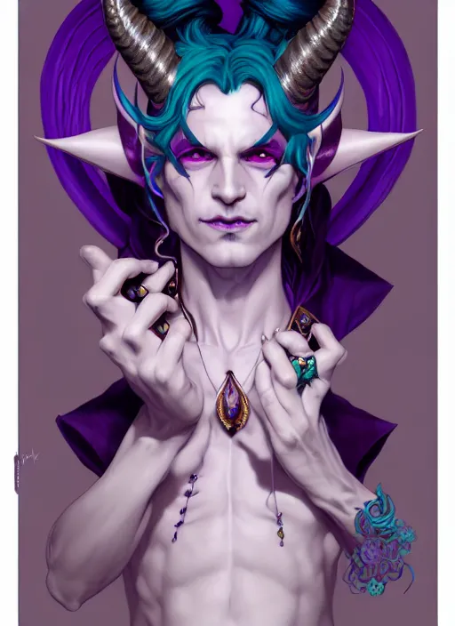 Prompt: symmetry!! portrait of a feminine mischievous trickster male purple and teal skinned tiefling with demon horns and piercings bard, intricate, elegant, highly detailed, digital painting, artstation, concept art, smooth, sharp focus, illustration, art by artgerm and greg rutkowski and alphonse mucha