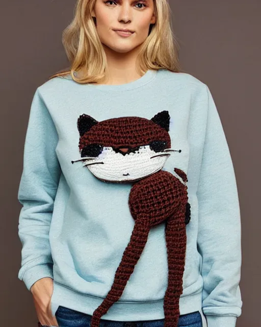 Prompt: a sweatshirt with a crochet cat on the front, catalogue photo,