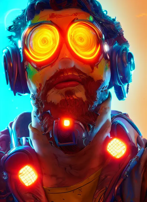 Image similar to glowwave portrait of curly orange hair man from borderlands 3, au naturel, hyper detailed, digital art, trending in artstation, cinematic lighting, studio quality, smooth render, unreal engine 5 rendered, octane rendered, art style by klimt and nixeu and ian sprigger and wlop and krenz cushart.