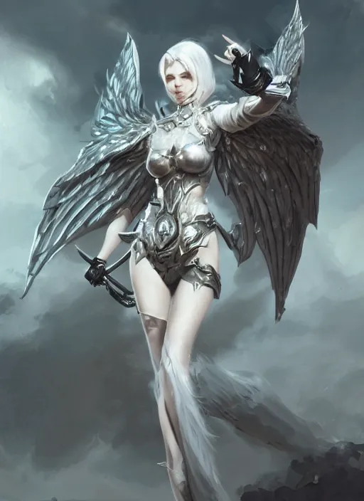 Image similar to a highly detailed illustration of white haired pale lady wearing blindfold, wearing dieselpunk armor dress with iron wings, dramatic floating pose, intricate, elegant, highly detailed, centered, digital painting, artstation, concept art, smooth, sharp focus, league of legends concept art, wlop