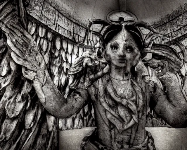 Image similar to camera footage of weeping angels with horns, False Human Features, Phasing through floor in an abandoned shopping mall, Psychic Mind flayer, Terrifying, Insanity :7 , high exposure, dark, monochrome, camera, grainy, CCTV, security camera footage, timestamp, zoomed in, Feral, fish-eye lens, Fast, Radiation Mutated, Nightmare Fuel, Ancient Evil, No Escape, Motion Blur, horrifying, lunging at camera :4 bloody dead body, blood on floors, windows and walls :5