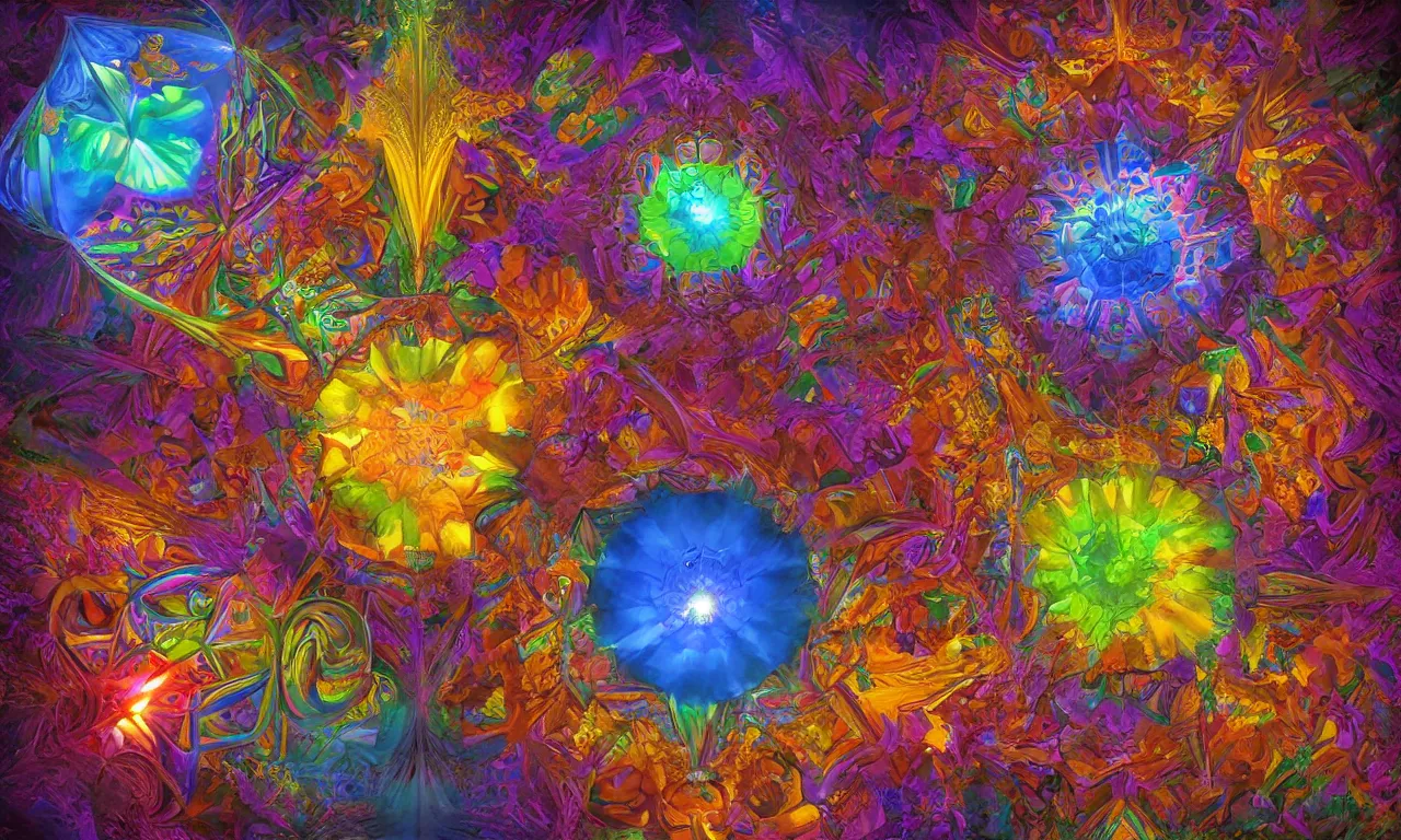 Image similar to voronoi engine laboratory 3 d volume kaleidoscope mandala fractal chakra digital multicolor stylized concept substance by artgerm, rossdraws, norman rockwell, magali villeneuve, gil elvgren, alberto vargas, earl moran, enoch bolles radiating a glowing aura global illumination ray tracing hdr