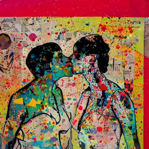 Prompt: two women kissing at a carnival, mixed media collage, retro, paper collage, magazine collage, acrylic paint splatters, bauhaus, layered paper art, sapphic visual poetry expressing the utmost of desires by jackson pollock