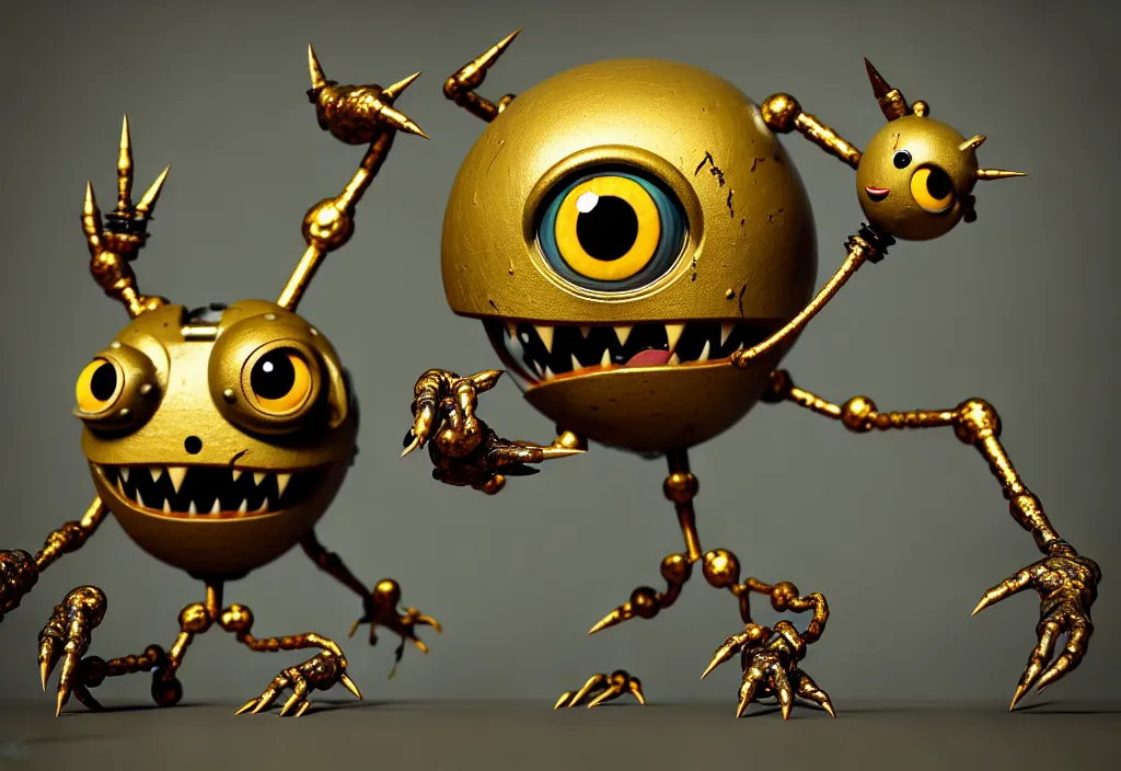 Image similar to , grotesque despair cute monster smooth paneling, one large gold eye intricate detail, style of pokemon, with damaged rusty arms, broken antenna, recycled, floating, white studio, oil, mechanical, toy, ambient light, in the style of pixar animation, pokedstudios, blender, octane render, 8 k, gediminas pranckevicius