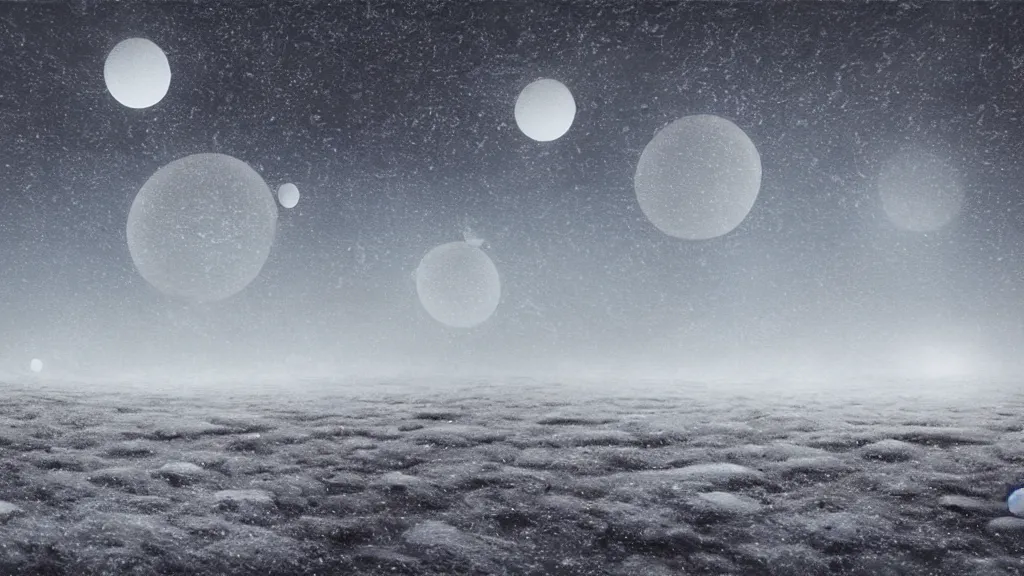 Prompt: a surreal dreamlike scene of transparent spheres floating over a barren snowy landscape, somber melancholic matte painting, highly detailed oil painting, liminal space, 8k, stillness, solitude, icy cold pale silent atmosphere, masterpiece