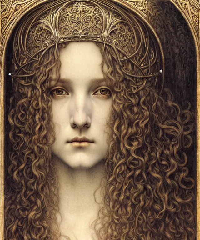 Image similar to detailed realistic beautiful young medieval queen face portrait by jean delville, gustave dore and marco mazzoni, art nouveau, symbolist, visionary, gothic, pre - raphaelite. horizontal symmetry