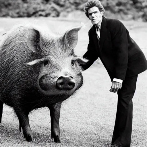 Image similar to william dafoe's confusingly large hog, comically oversized pig, photograph
