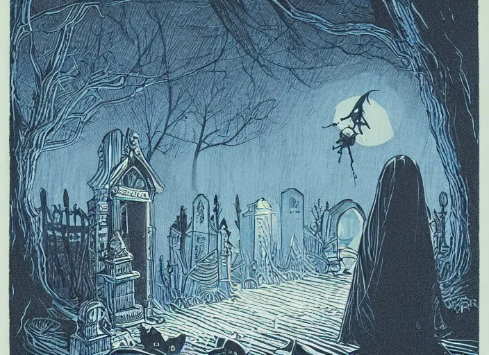 Image similar to blue woodcut print, cartoon halloween ghost in graveyard at midnight by greg rutkowski, fine details, highly detailed