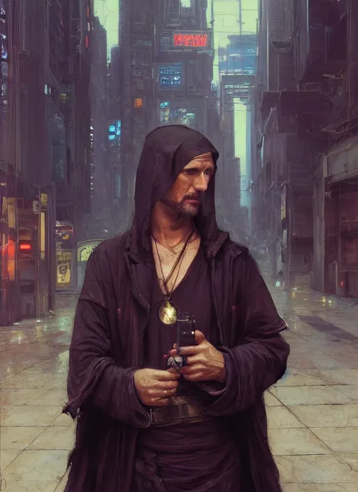 Image similar to cyberpunk beggar priest on streetcorner ( blade runner 2 0 4 9, cyberpunk 2 0 7 7 character design ). orientalist portrait by john william waterhouse and james gurney and theodore ralli and nasreddine dinet, oil on canvas. cinematic, hyper realism, realistic proportions, dramatic lighting, high detail 4 k