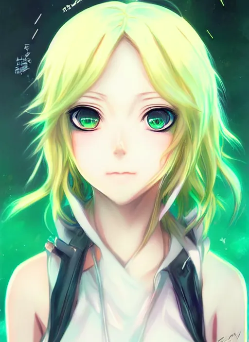 Prompt: very cute and beautiful anime girl portrait with highly detailed green eyes and pastel yellow hair, in modern anime style, made by ross tran, wlop, laica chrose