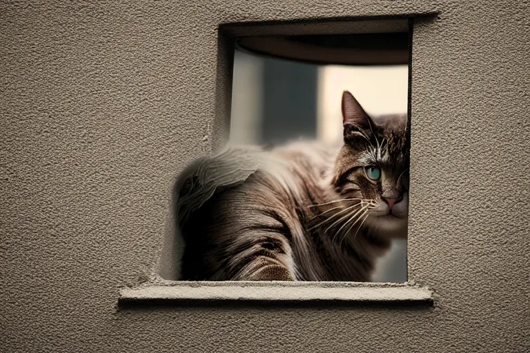 Image similar to vfx film closeup, cat on a window ledge, flat color profile low - key lighting award winning photography arri alexa cinematography, hyper real photorealistic cinematic, atmospheric cool colorgrade