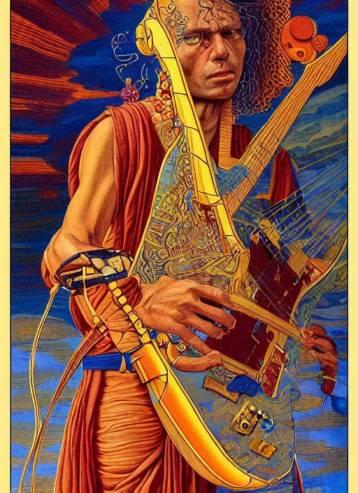 Image similar to an awesome jean giraud graphic art of pat metheny in the style of a renaissance masters portrait, mystical and new age symbolism and tibetan book of the dead imagery, intricately detailed, 4 k