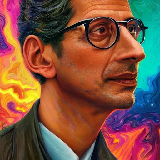 Image similar to Jeff Goldblum an extremely psychedelic experience, colorful, surreal, dramatic lighting, cosmonaut, LSD, face, detailed, intricate, elegant, highly detailed, digital painting, artstation, concept art, smooth, sharp focus, illustration, art by Sam Spratt, Dan Mumford, Artem Demura and Alphonse Mucha