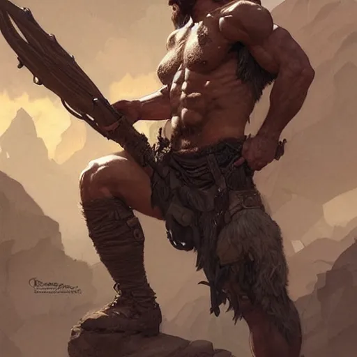 Image similar to Rugged ranger, male, man, D&D, muscular thighs, fantasy, intricate, elegant, highly detailed, digital painting, artstation, concept art, smooth, sharp focus, illustration, art by artgerm and greg rutkowski and alphonse mucha