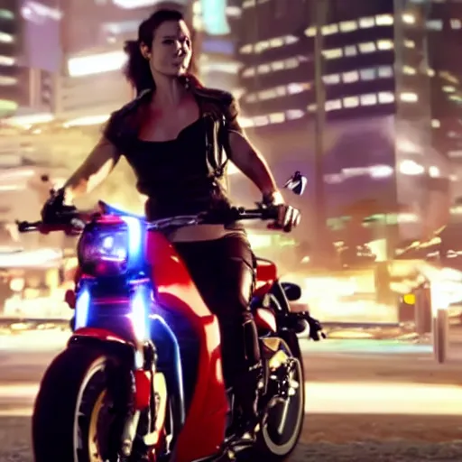 Prompt: A film still of a female terminator holding a kinfe and riding a red sports bike in a cyberpunk city