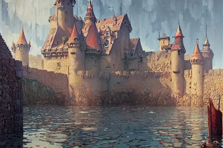 Image similar to castle under the water, character design, painting by jean giraud, greg rutkowski, carl larsson