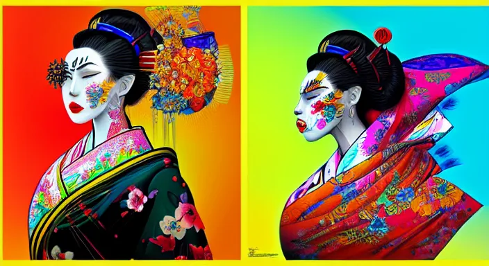 Image similar to colourful geisha in the style of android jones, 1 6 k, ultra detailed, ultra intricate, artstation