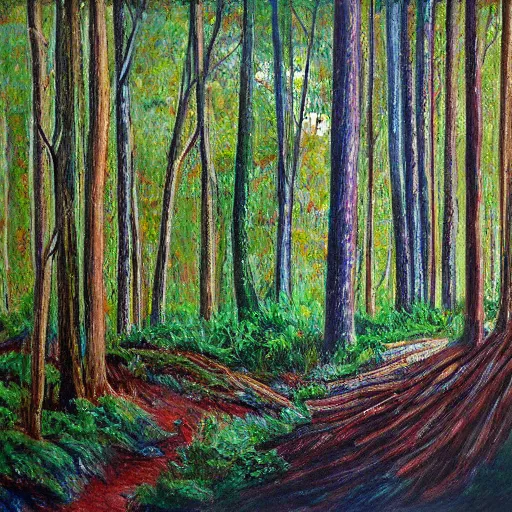 Image similar to ultra realistic painting of a pipe organ inside of a forest, thick brush strokes, visible paint layers.