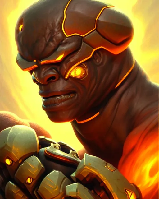 Image similar to doomfist from overwatch, fantasy, fantasy art, character portrait, portrait, close up, highly detailed, intricate detail, amazing detail, sharp focus, vintage fantasy art, vintage sci - fi art, radiant light, caustics, by boris vallejo