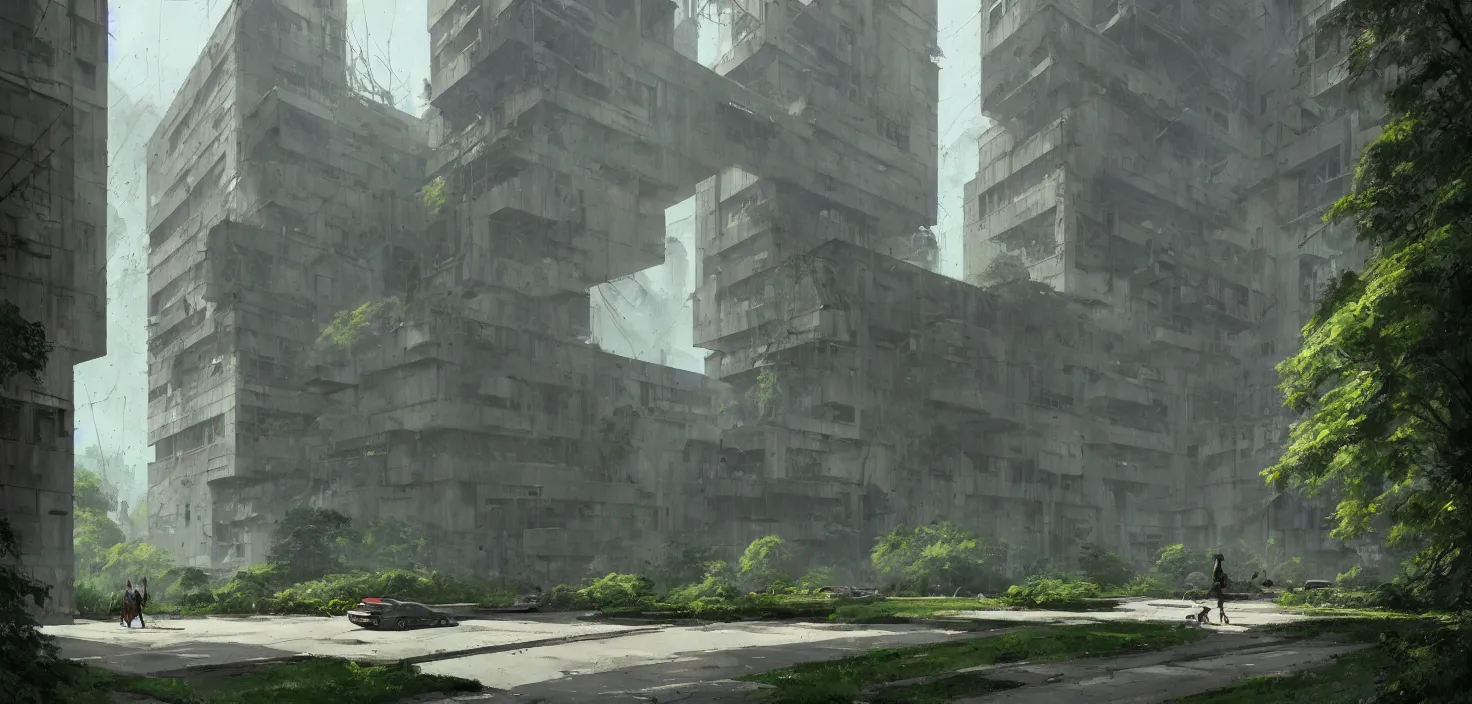 Image similar to brutalist architecture by Le Corbusier, abandoned buildings, empty streetscapes, surrounded by lush green vegetation, ground-level view, volumetric lighting, digital painting, highly detailed, artstation, sharp focus, illustration, concept art, ruan jia, steve mccurry, amazing composition