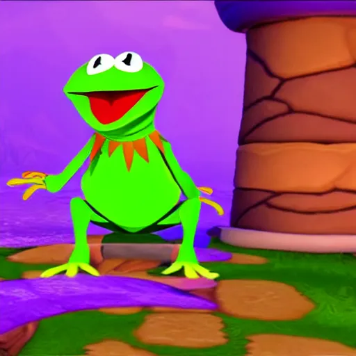 Image similar to screenshot of a kermit the frog as an npc in spyro the dragon video game, with playstation 1 graphics, activision blizzard, upscaled to high resolution