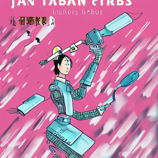 Image similar to a japanese woman battles pink robots, illustrated, detailed