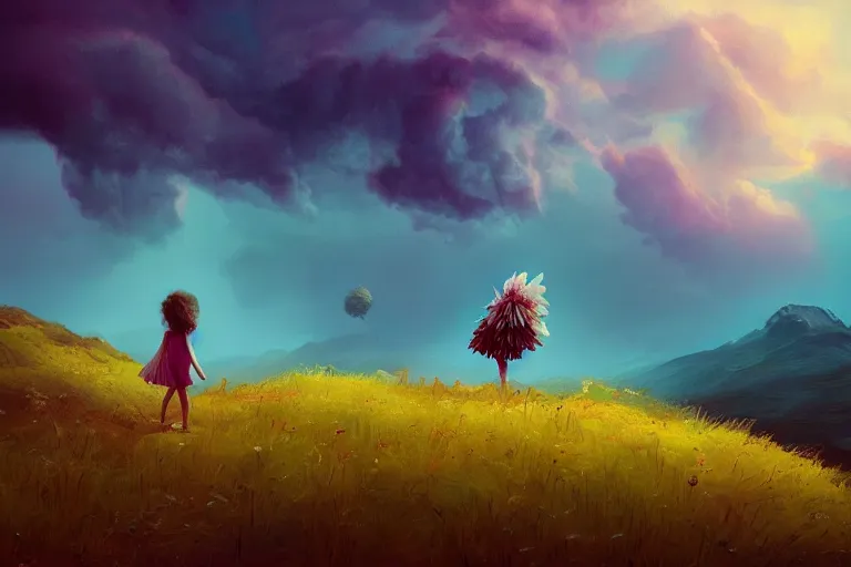 Image similar to giant dahlia flower as a head, girl walking on mountain, surreal photography, stars, dramatic light, impressionist painting, storm clouds, digital painting, artstation, simon stalenhag