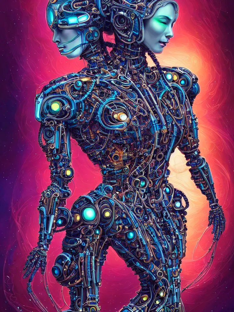 Prompt: full lenght shot woman in biomechanical dress, wearing epic bionic cyborg implants of different colors, detailed intricate ornate cables, by dan mumford, masterpiece, intricate, elegant futuristic wardrobe, highly detailed, artstation, concept art, background galaxy, cyberpunk colors, art by artgerm