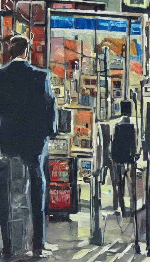 Image similar to television screens glare out from every angle, detailed painting of a man standing in a city with his eyes open but everyone else has their eyes closed