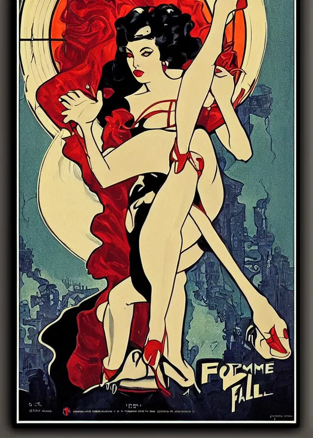 Prompt: film noir, femme fatale, movie poster print, pin up, canvas art print, art deco, art nouveau, mucha