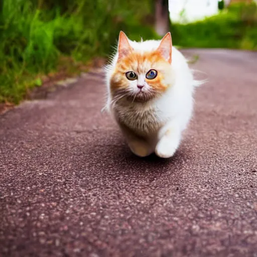 Image similar to cute chibi adorable beautiful kawaii munchkin cat running after postman, professional food photography