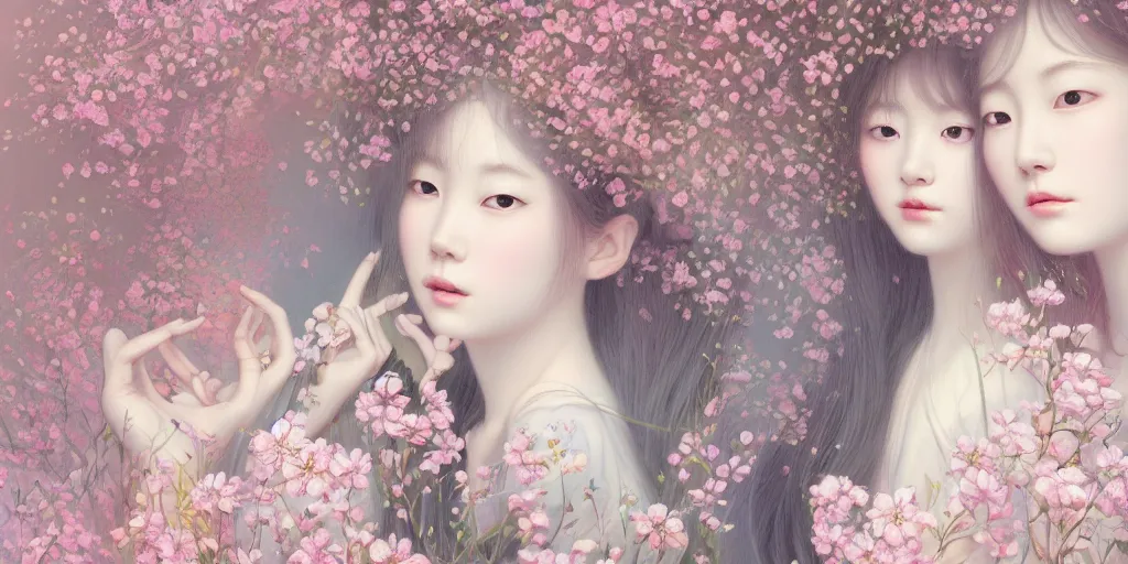 Image similar to breathtaking delicate detailed concept art painting pattern blend of flowers and girls, by hsiao - ron cheng, bizarre compositions, exquisite detail, pastel colors, 8 k