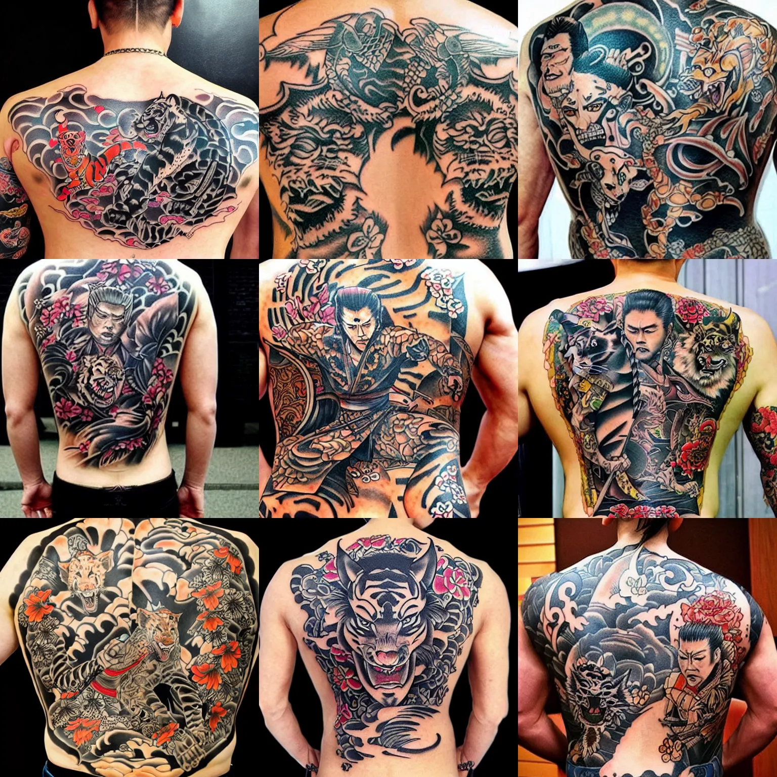 yakuza tattoos on a back with intricate designs with
