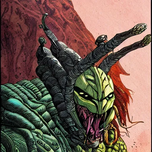 Prompt: precisely drawn illustration of Predator blended with Loki, wide angle, sharp, fine details, French comic style, vibrant realistic colors, full color, heroic fantasy, intense line art, 8k, precise linework, realistic, in the style of Heavy Metal Comics and Richard Corben and Moebius