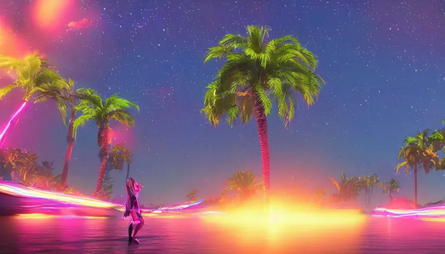 Prompt: science fiction landscape, glowing woman from the future, colorful creatures and neon green palm trees, soft rainbow in the background, shape shifting water, falling stars, deviant art, unreal engine, realistic shading, realistic render, octane render, detailed textures, photorealistic, wide shot