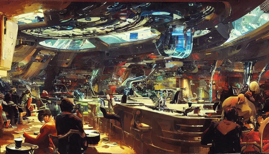 Prompt: Bounty hunters drinking in a futuristic bar surrounded by strange alien creatures, concept art by Ralph McQuarrie, by John Berkey, oil on canvas, highly detailed, science fiction