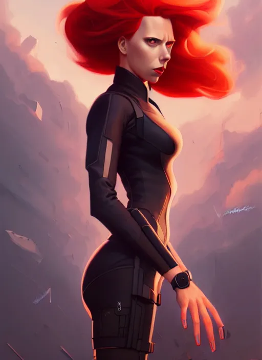 Image similar to peter mohrbacher, phil noto, artgerm, pretty scarlett johansson black widow, symmetrical eyes, long red hair, full body, city rooftop