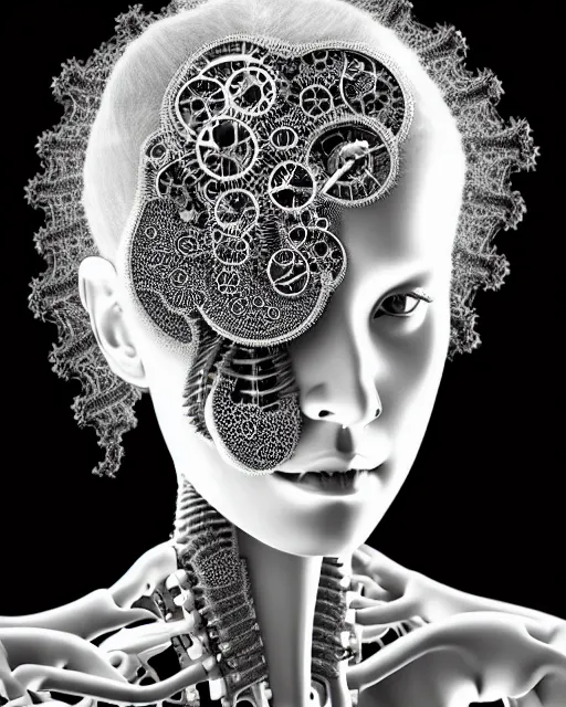 Prompt: black and white photo portrait of complex biomechanical young female cyborg with a mandelbrot fractal face, silver hair, 150 mm lens, soft rim light, fine foliage super big lace collar, Alexander McQueen, high fashion, haute couture, rococo, steampunk, silver filigree details, anatomical, facial muscles, cable wires, microchip, elegant, hyper realistic, octane render, unreal engine, by Man Ray and Dora Maar, volumetric lighting, 8k,