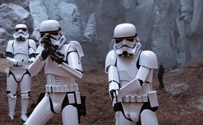 Prompt: screenshot portrait of Luke Skywalker, played by Mark Hammill, in a graveyard of stormtroopers, outside a rocky Jedi Temple scene from The Force Awakens, 1980s film by Stanley Kubrick, moody lighting, stunning cinematography, hyper-detailed, sharp, anamorphic lenses, kodak color film, 4k