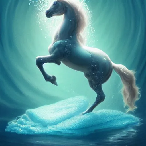 Image similar to a fantastical transparent small turquoise spirit horse made of water and foam and algae and ice, splashing water, wave, translucent, ethereal, noble, radiant, hyperalism, scottish folklore, digital painting, artstation, concept art, smooth, 8 k frostbite 3 engine, ultra detailed, art by artgerm and greg rutkowski and magali villeneuve