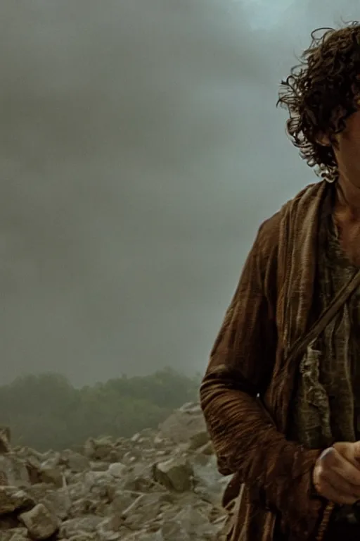 Image similar to film still of bruce springsteen as frodo baggins in lord of the rings movie, glamour pose, dramatic lighting, octane, volumetric lighting, 8 k