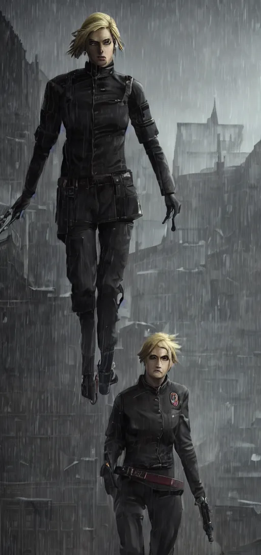 Image similar to annie leonhart in dunwall city wearing recon corps uniform running on a gothic house roof, redshift render, beautiful face, detailed face, cinematic lighting, rainy weather, melancholy atmosphere, dunwall city, volumetric light, octane render, dishonored game, dishonored 1, gothic architecture, realistic reflections, octane render 8 k