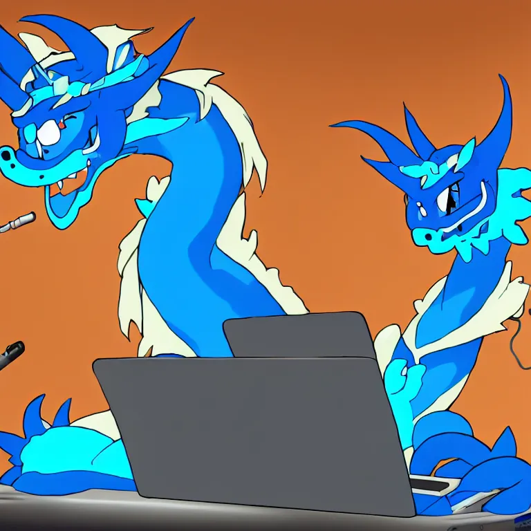 Image similar to an anthropomorphic male blue dragon making music on his laptops wearing headphones, deviantart, furry art, highly detailed, 8k