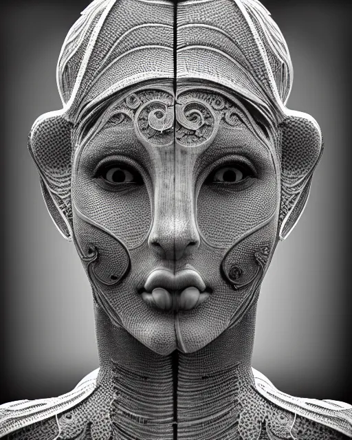 Image similar to mythical black and white organic bio-mechanical spinal ribbed profile face portrait detail of mechanical beautiful female angelic-vegetal-cyborg, highly detailed, intricate steampunk ornate, poetic, 3D render, digital art, octane render, 8K artistic photography, photo-realistic, by Dora Maar