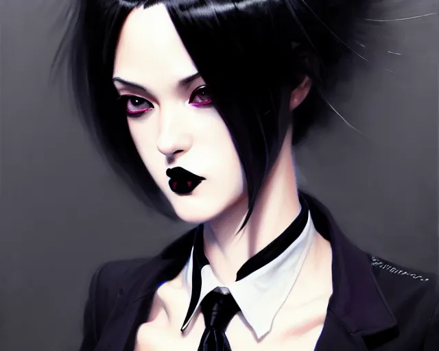 Image similar to a ultradetailed beautiful portrait panting of a stylish goth woman, wearing a shirt with a tie, dramatic, she has black hair, she is distressed, by hajime sorayama, greg rutkowski and makoto shinkai, trending on artstation