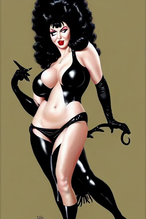 Image similar to a ( beautiful masterpiece highly detailed ) full body portrait illustration of intimate alluring elvira! mistress of the dark by ralph horsely and artgerm and joe jusko, raven black hair, porcelain white skin. betty page, curvy. trending on artstation