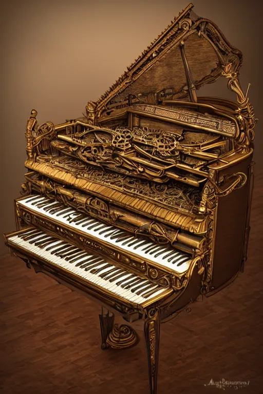 Prompt: Steampunk harpsichord, Artstation, photorealistic